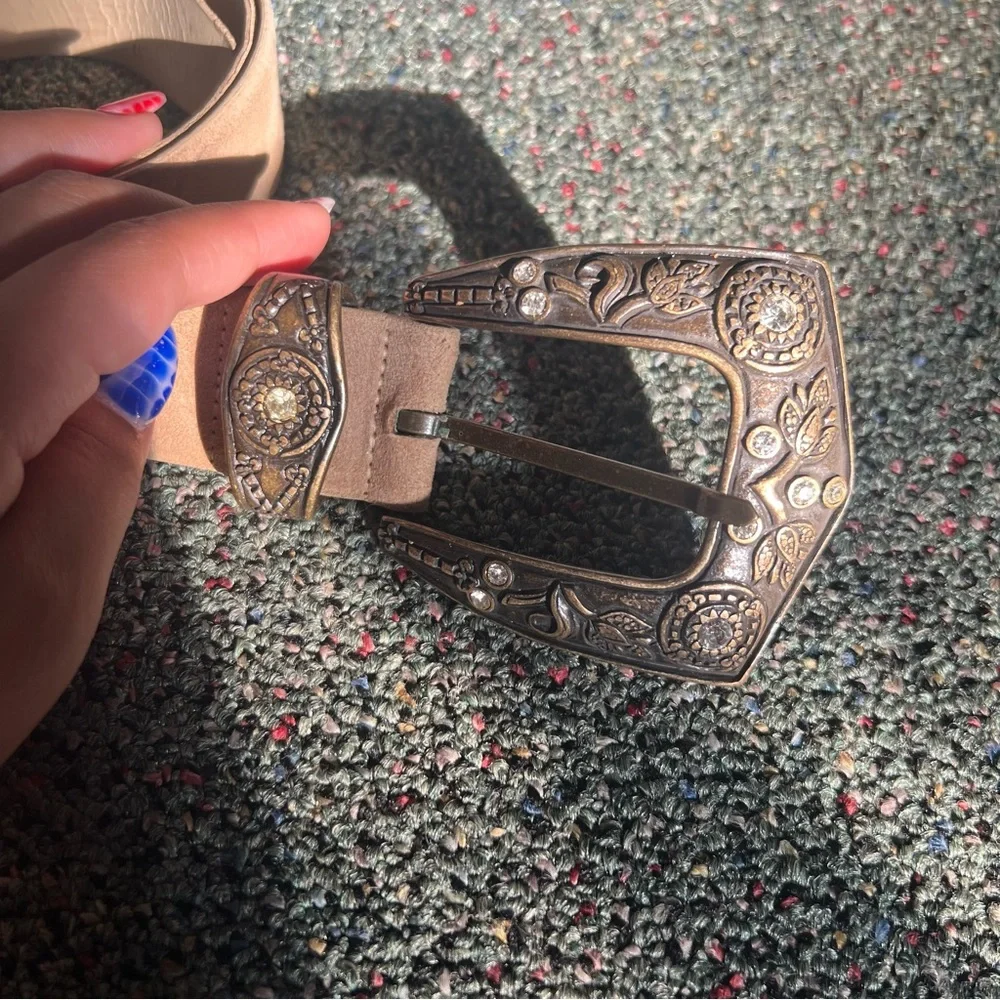 Big Buckle Brass Country Ranch Western Style Tan Suede Thick Belt Accessory L-XL